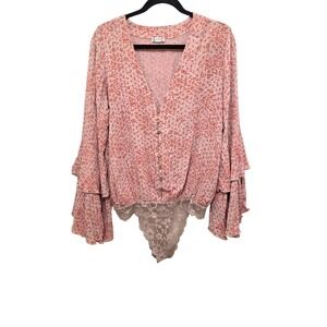 Intimately Free People Floral Print Button-Down Bodysuit Lace Detail & Ruffled S